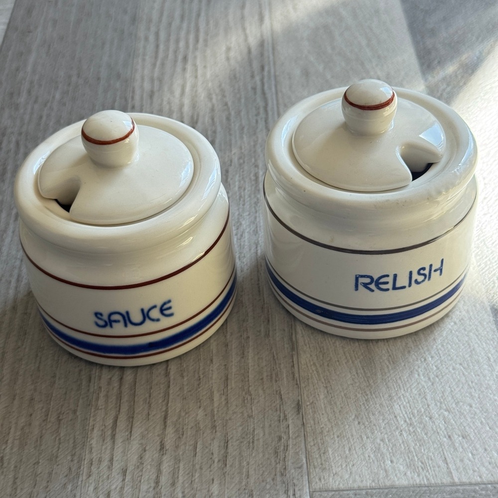 Vintage Ceramic Sauce and Relish Condiment Jar Set Blue Brown Striped Stoneware